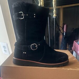UGG Black Suede Mid-Calf Buckle Boot
